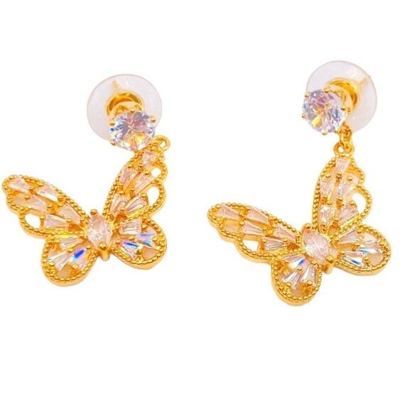 Gold crystal butterfly dangle earrings - Picture 1 of 5